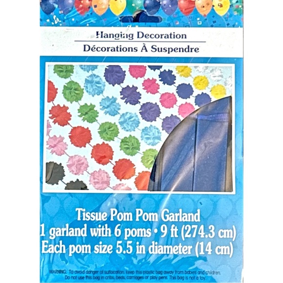3 NEW TISSUE POM POM GARLANDS IN BLUE, YELLOW & WHITE. NIB-9ft. EACH - Picture 2 of 10